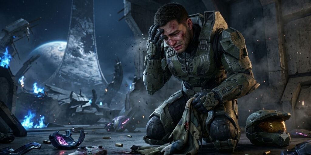 Halo character hero crying on his knees