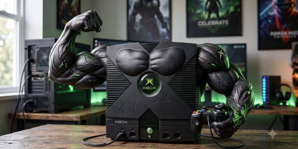 An xbox with muscles flexing