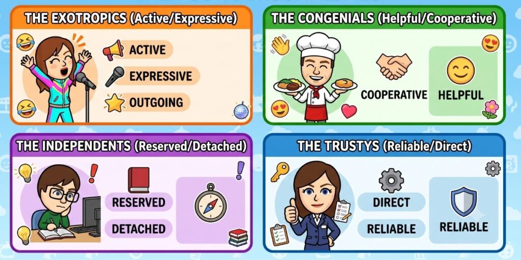 tomodachi life four groups of personalities